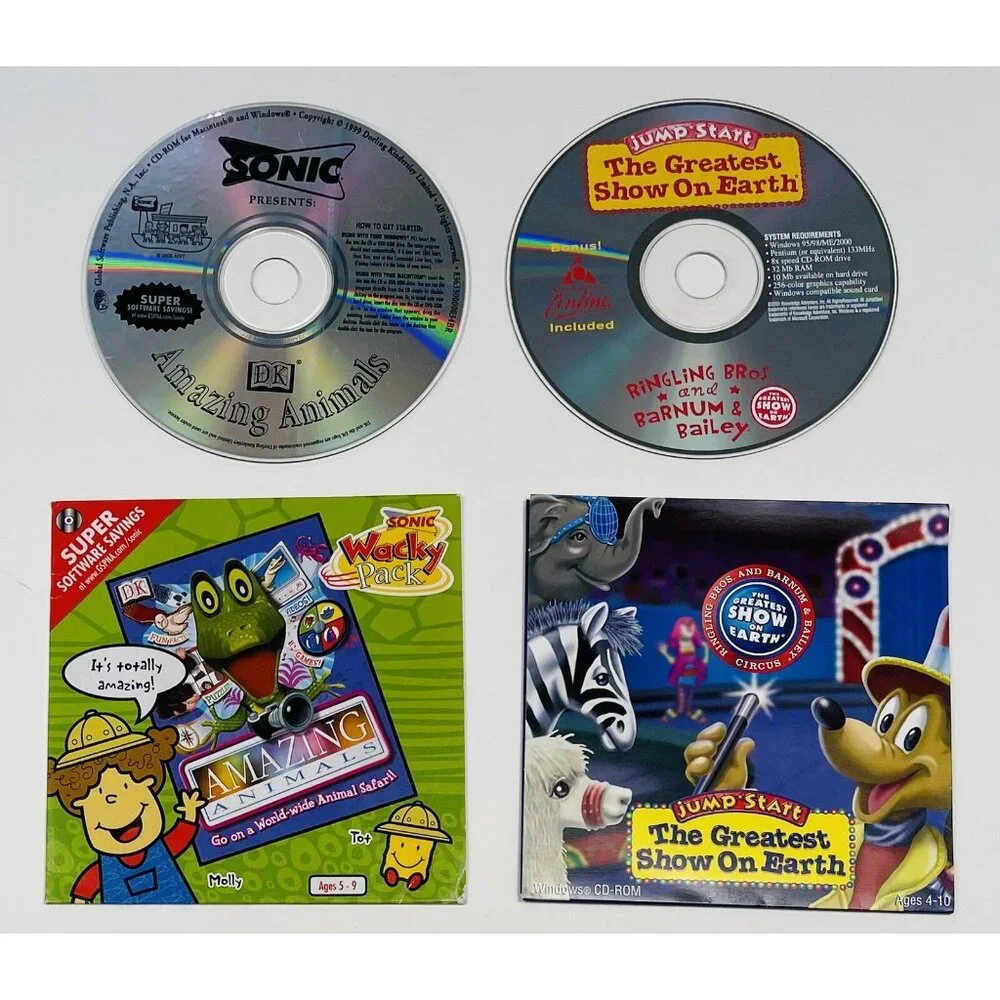 Lot 2 Kid's Meal CD-Roms Sonic & McDonald's AMAZING ANIMALS & Jump-Start Circus